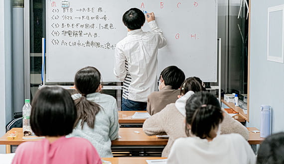 ホワイトボードに図を書き子どもに教える男性講師